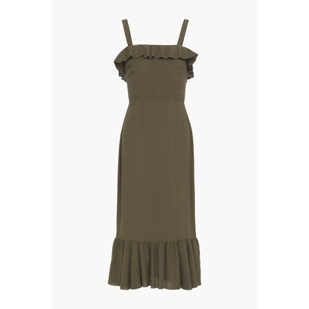 Reformation Olive Green Ruffle Midi Dress